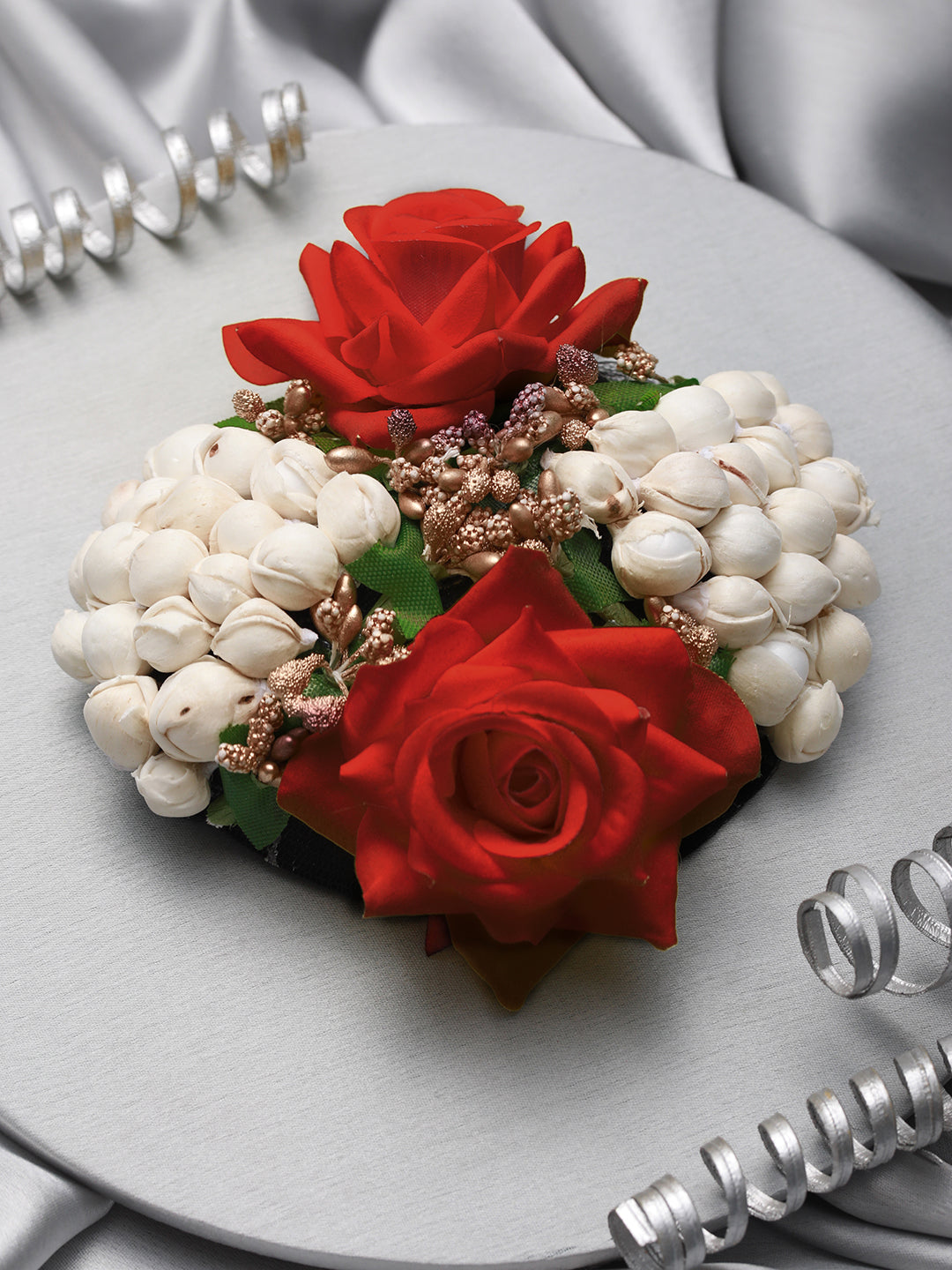 Women Red Rose & White Mogra Embellished Artificial Flower Gajra Designed Hair Bun Cover