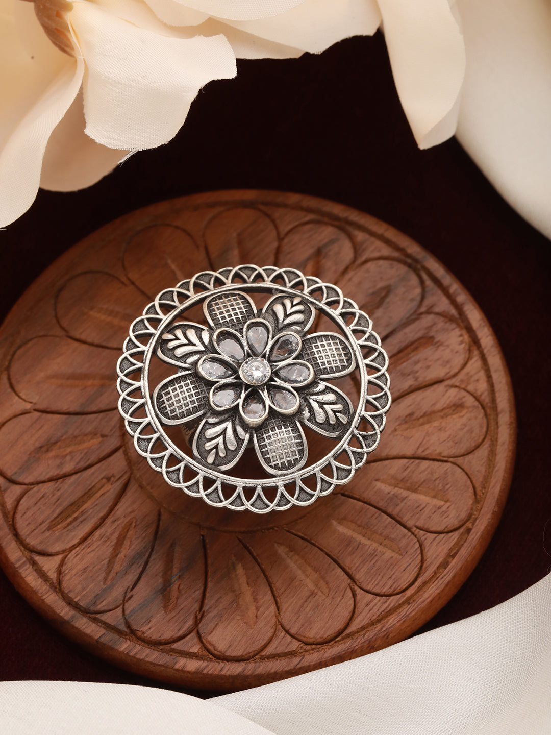 Silver Plated & White Stone-Studded Oxidised Floral Adjustable Finger Ring