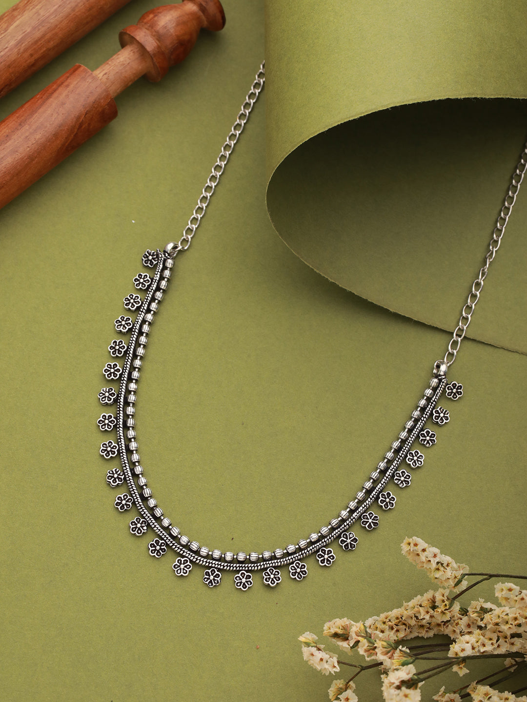 Silver Plated Floral Shaped Oxidised Necklace