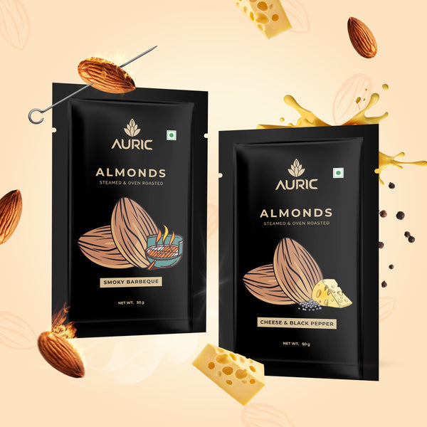 Auric Flavoured Almonds Combo Pack (Cheese Black Pepper + Smoky Barbeque with Steamed & Oven Roasted California Badam [50g x 2 (100g) ] Zenith Drinks