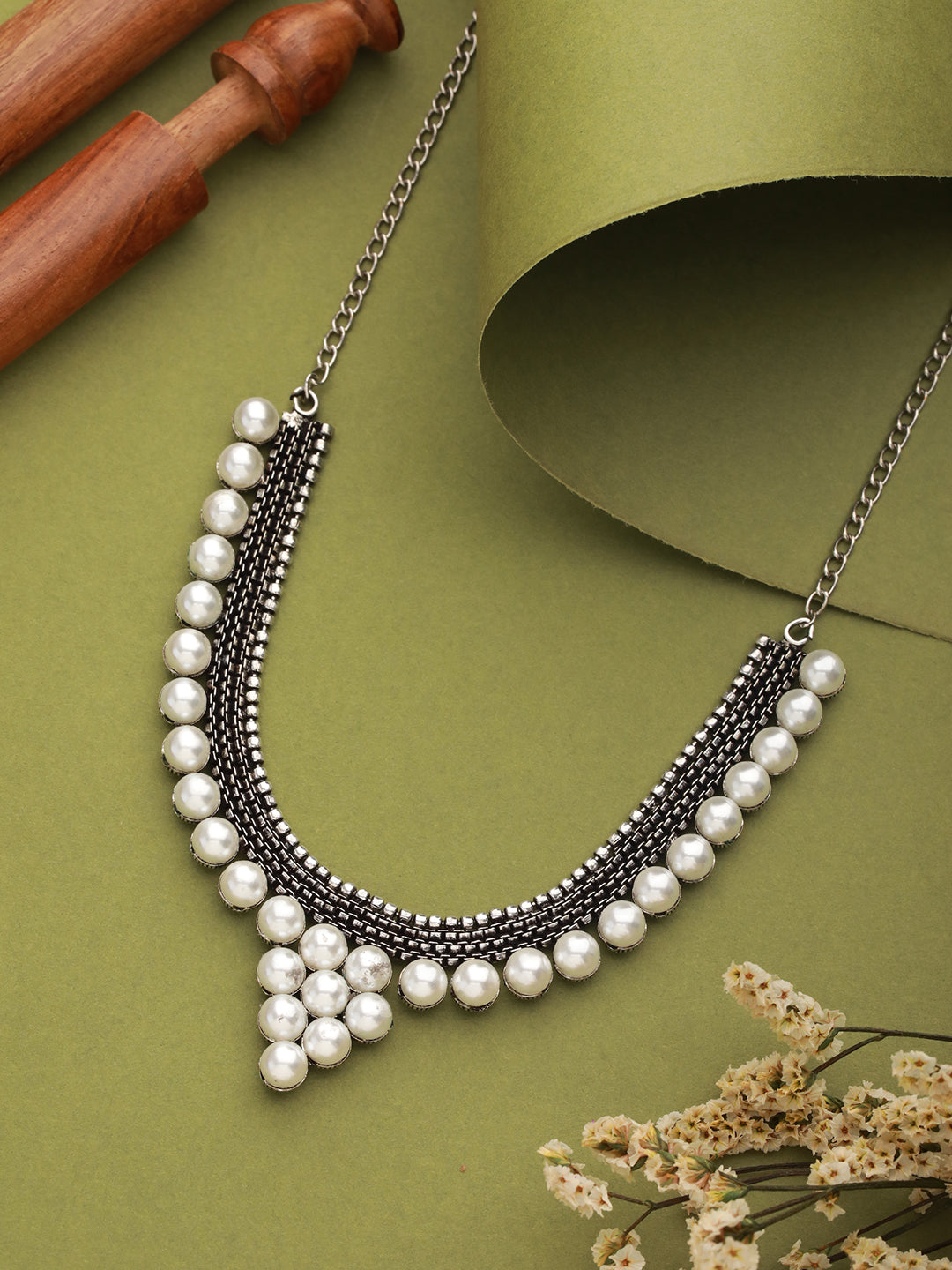 Silver Plated Pearl Beaded Oxidised Necklace