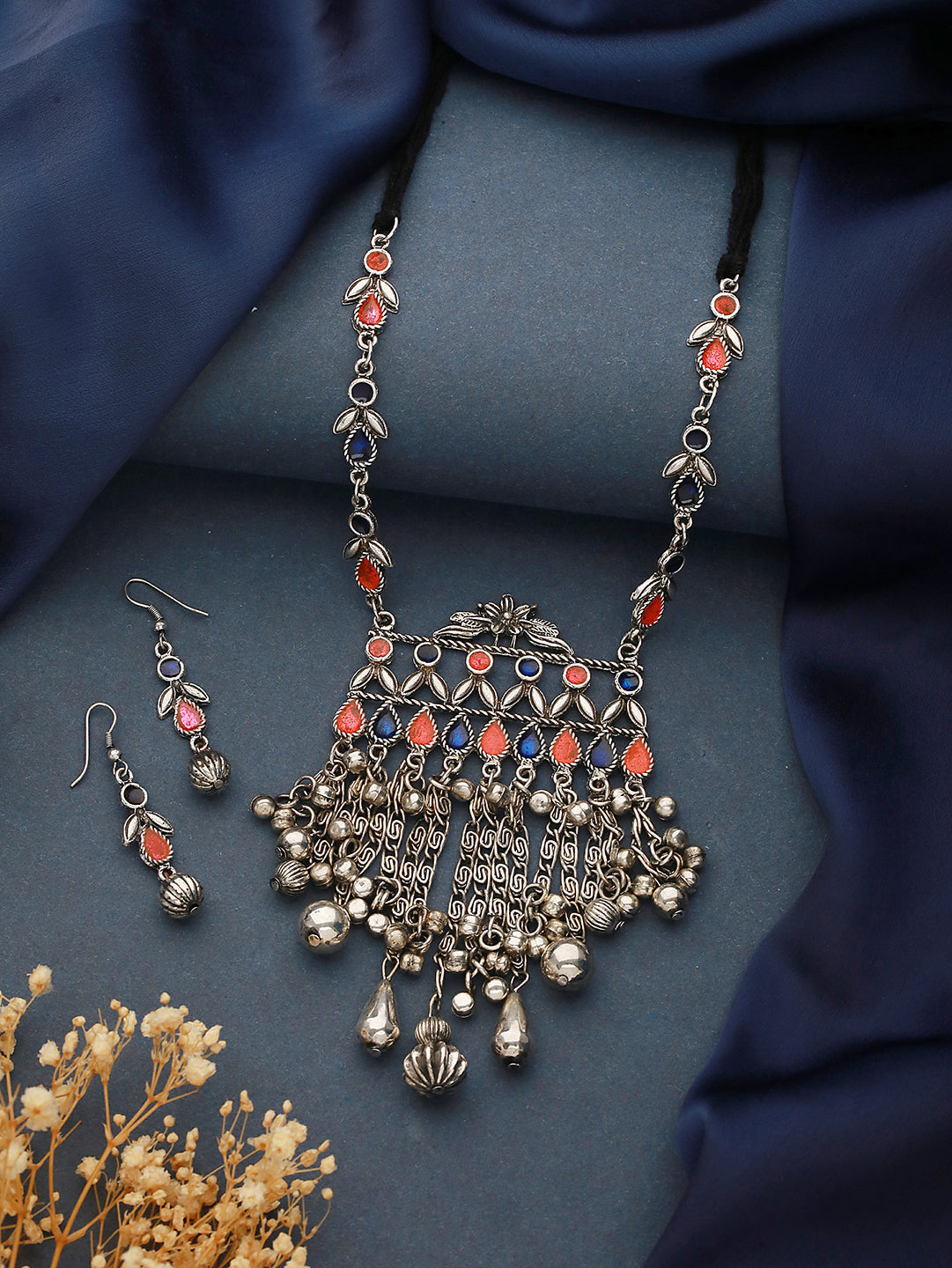 Silver-Plated Oxidised Enamelled & Beaded Necklace & Earrings