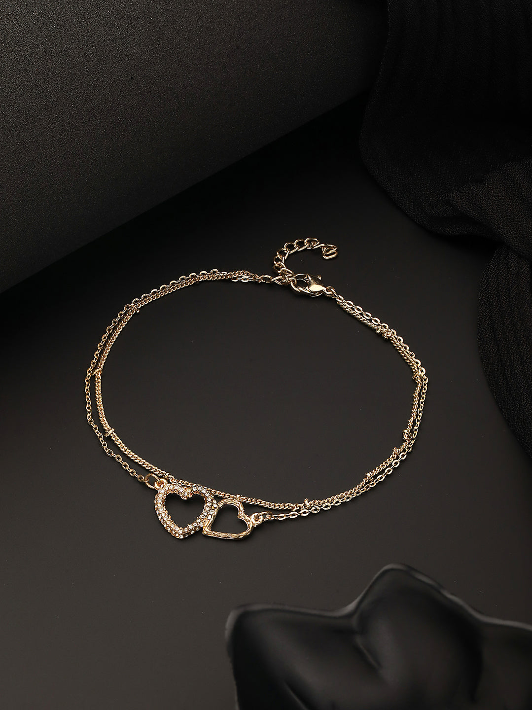 Jazz and Sizzle-Gold-Plated Cz Studded Layered Heart Charm Anklet