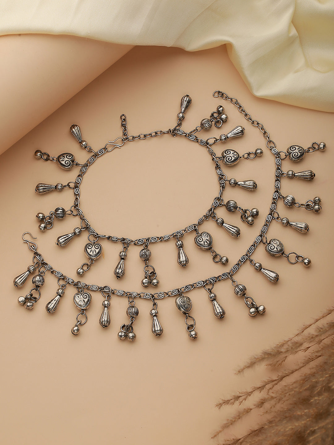 Jazz and Sizzle - Set Of 2 Oxidised Silver-Plated & Heart Charm Ghungroo Anklets