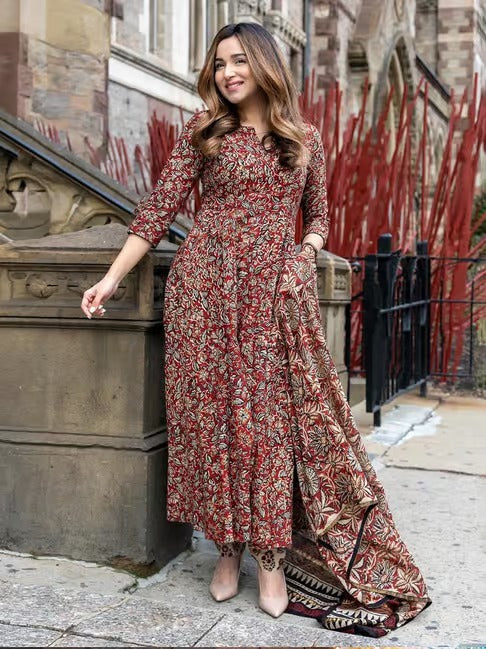 Maroon Floral Block Print Anarkali Set Varanga
