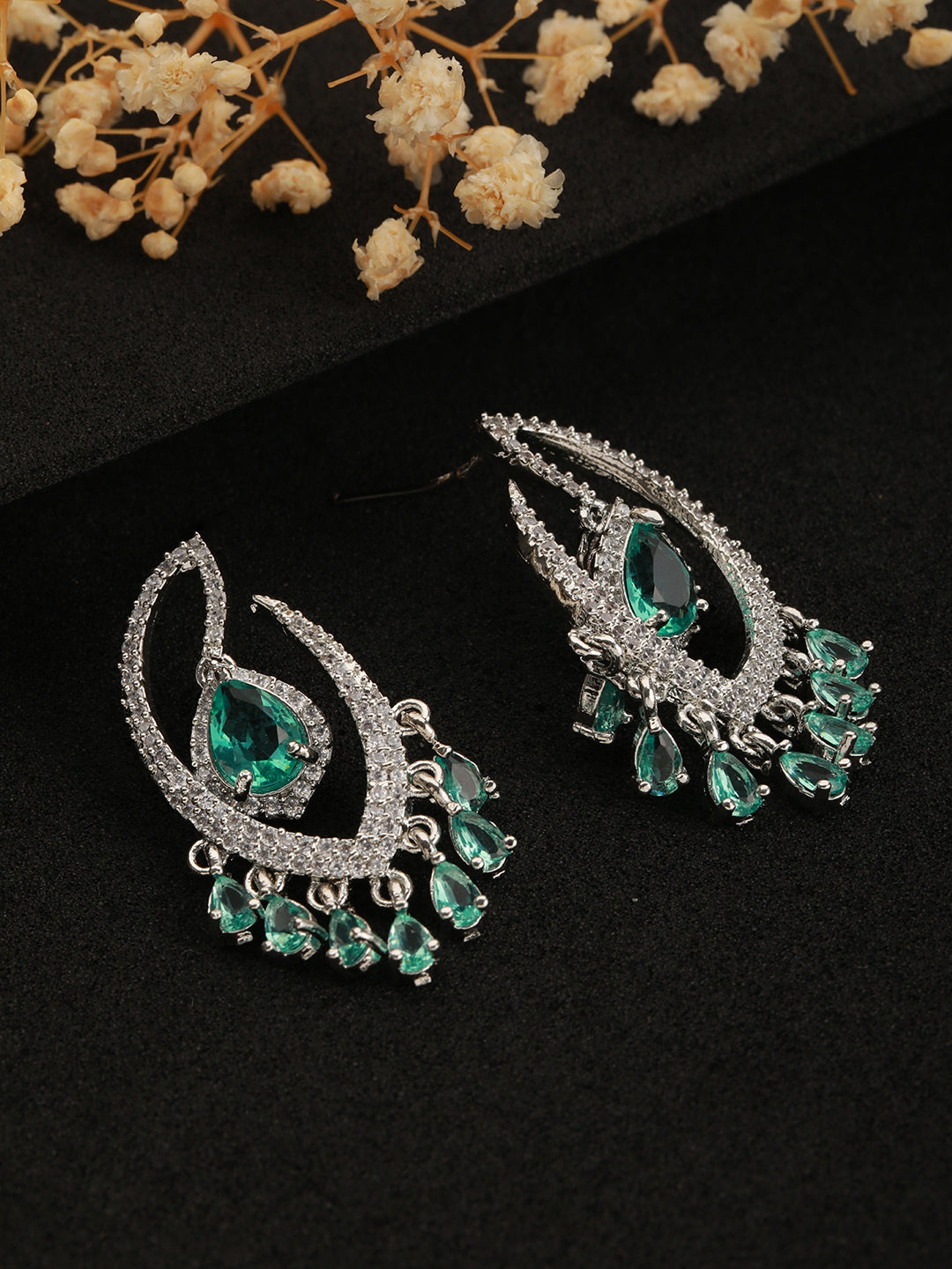 Green & White Rhodium Plated Ad Studded Drop Earrings