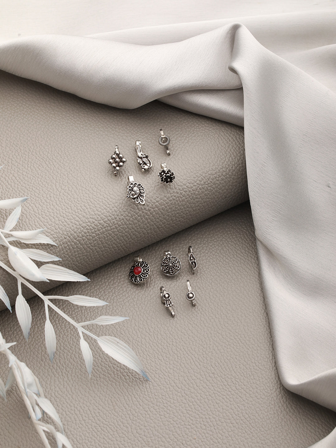 Set Of 10 Silver-Plated Oxidised Stone Studded Nose Pins