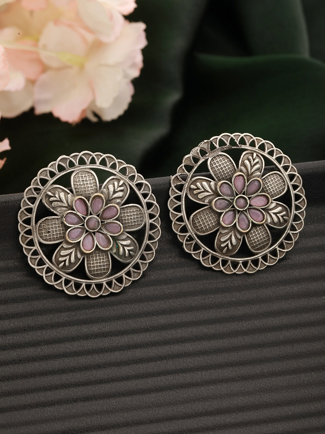 Pink & Silver-Plated & Oxidised Textured Floral Studs Earrings