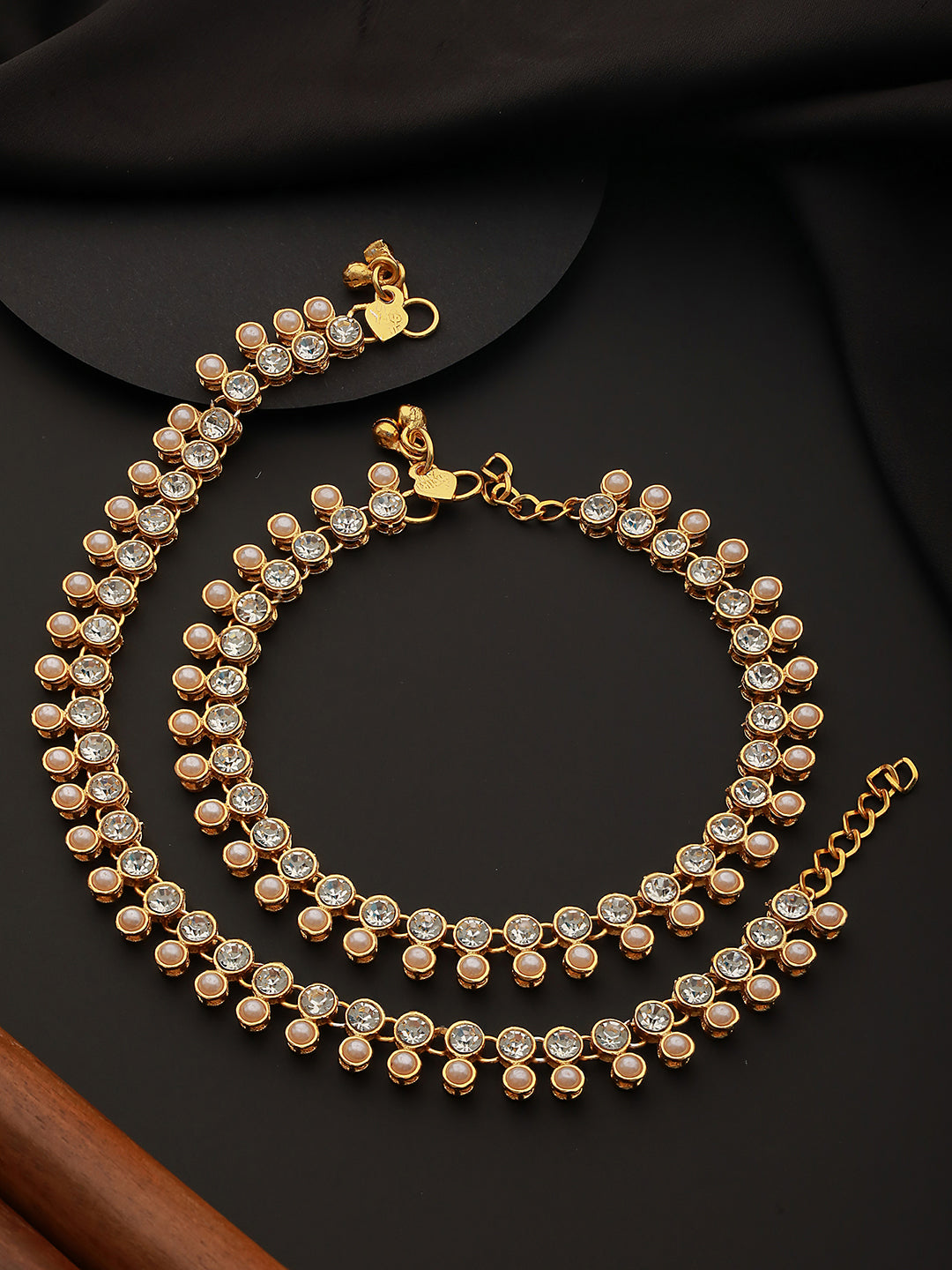Jazz and Sizzle - Set Of 2 Gold Plated Kundan Studded & Pearl Beaded Anklets