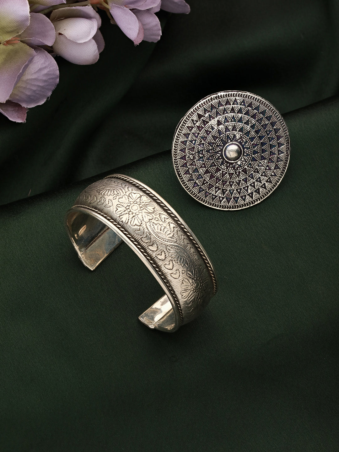 Set Of 2 Women Silver-Plated & Oxidised Cuff Bracelet With Textured Ring
