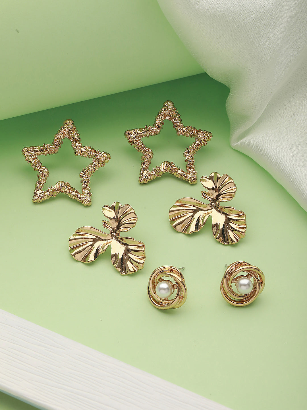 Set Of 3 Gold Plated Star & Floral Shaped Stud Earrings