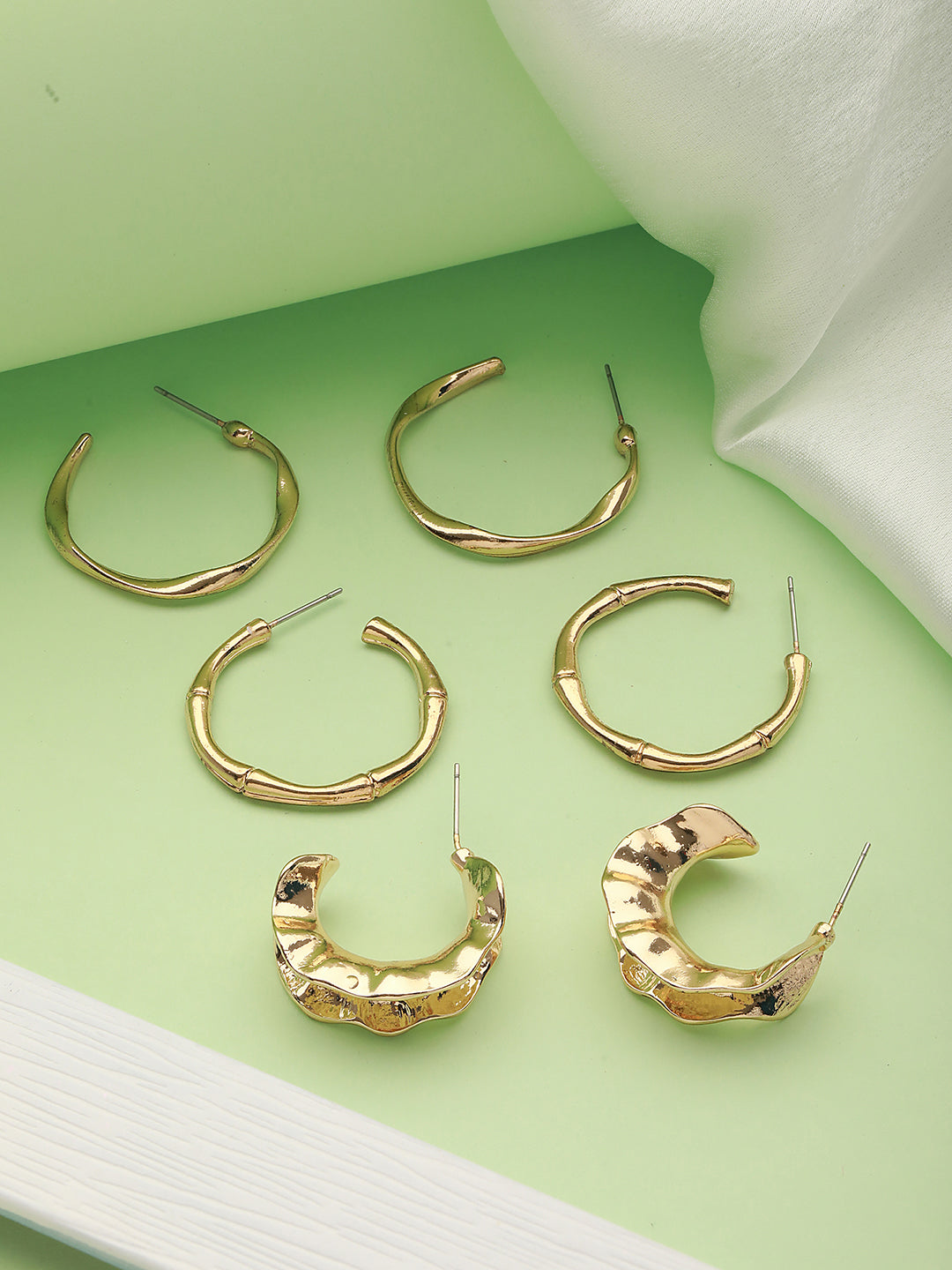 Set Of 3 Gold-Toned Geometric Hoop Earrings
