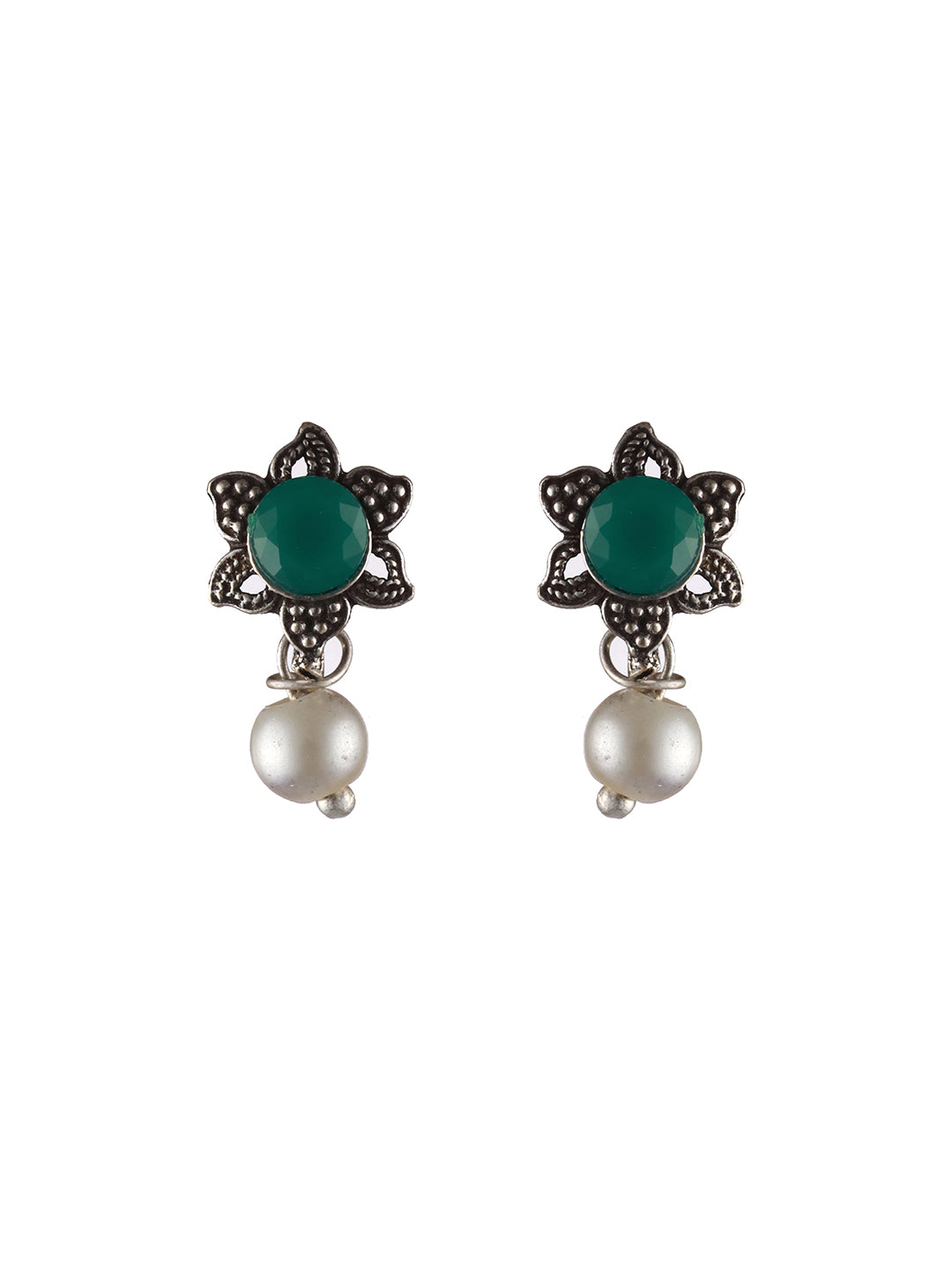 Oxidised Silver-Tone Green Stone Studded & Pearl Beaded Jewellery Set