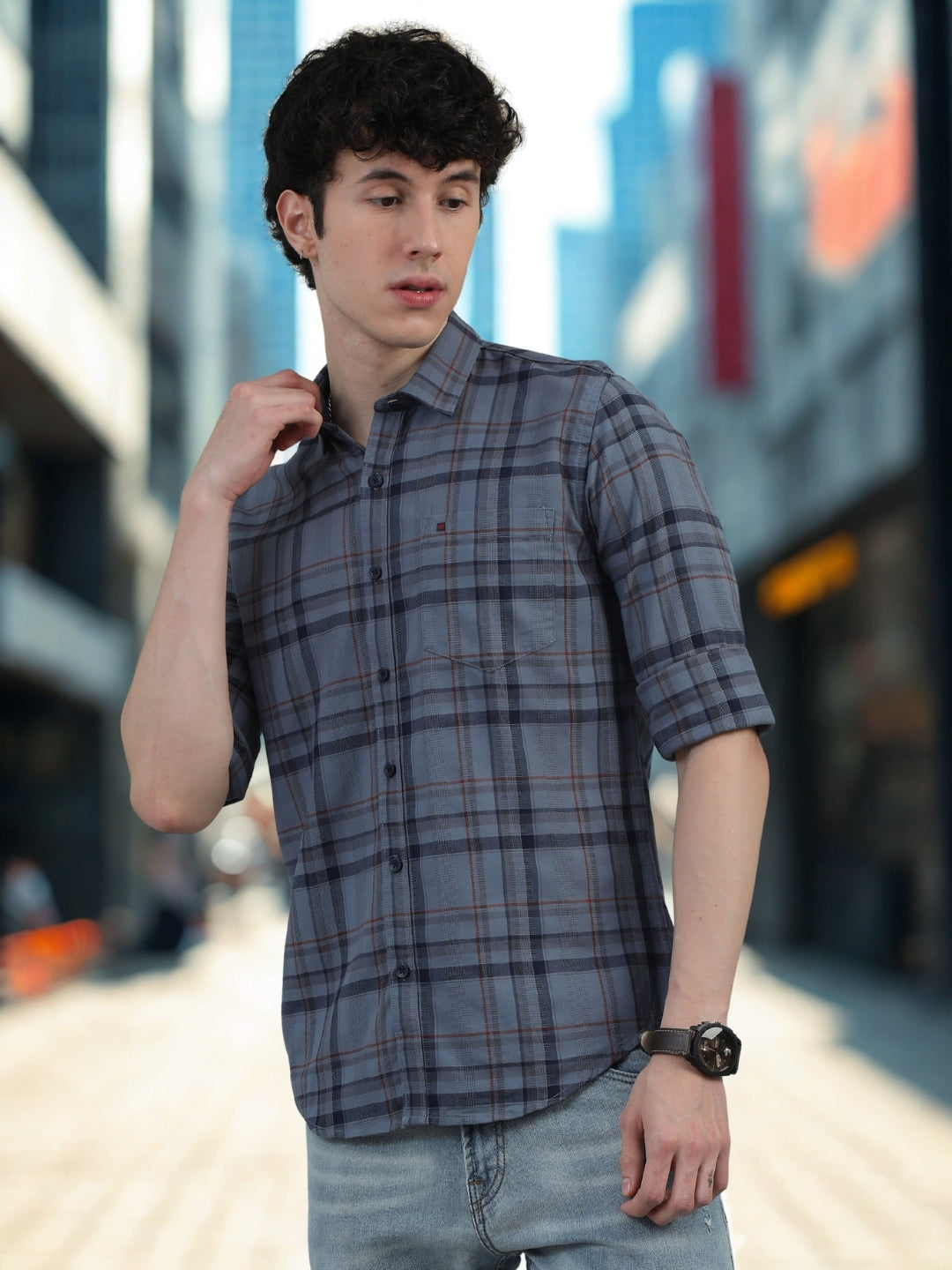 Men Navy Blue Slim Fit Checks Full Sleeve Casual Shirt Cool Colors