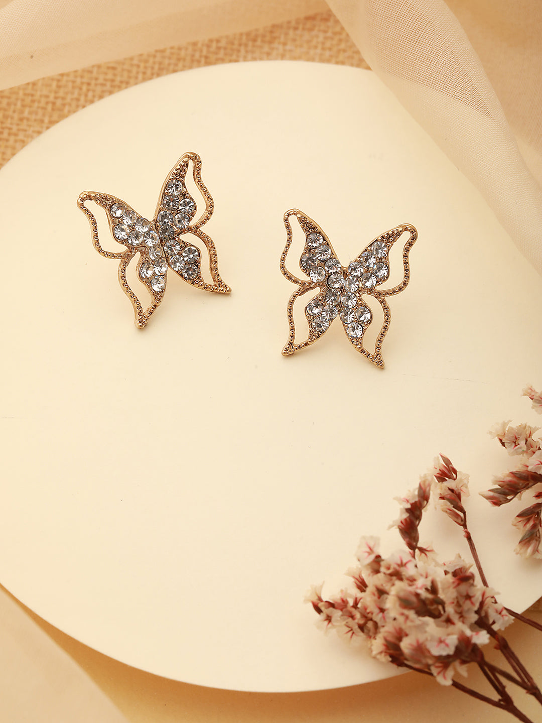 Gold Plated & Cz Studded Butterfly Shaped Stud Earrings