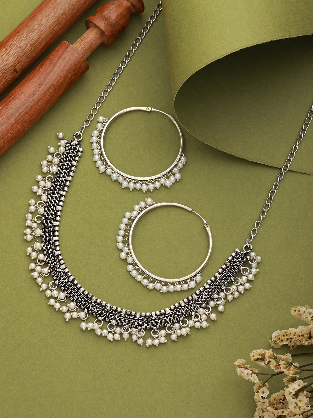 Oxidised Silver Plated & Pearl Beaded Necklace With Hoop Earrings