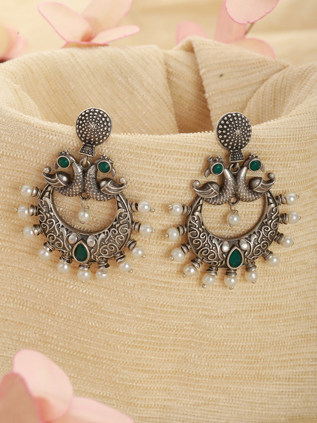 Oxidized Silver-Toned Green Stone Studded & Pearl Dome Shaped Chandbalis