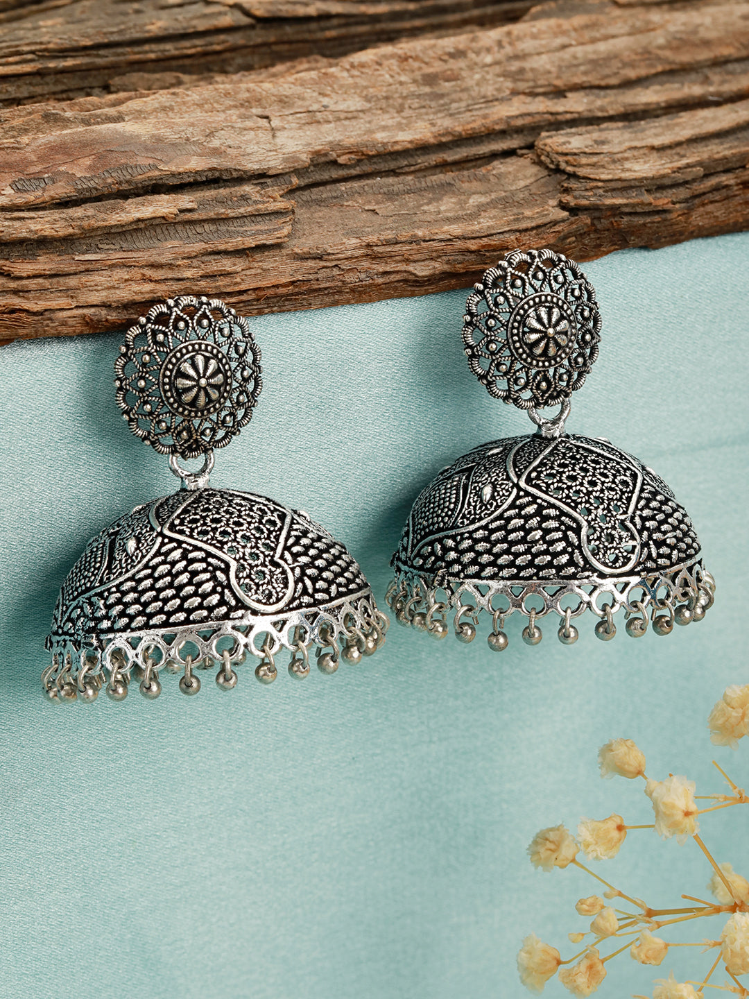 Silver-Toned & Silver Plated Dome Shaped Jhumkas Earrings