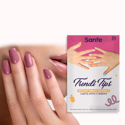 Sanfe Instant Press On Nails - Muted Purple | 24 Reusable Artificial Fake Nail Set/Extensions | Quick, Lightweight, Salon Look, Lasts upto 3 weeks | For Festivals & Special Occasions