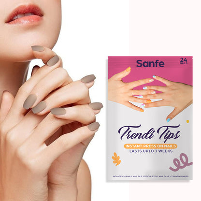 Sanfe Instant Press On Nails - Classic Coffee | 24 Reusable Artificial Fake Nail Set/Extensions | Quick, Lightweight, Salon Look, Lasts upto 3 weeks | For Festivals & Special Occasions