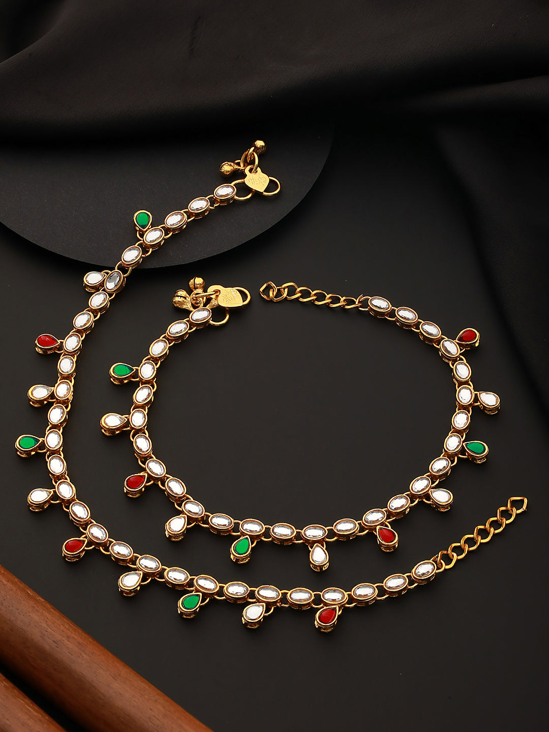 Jazz And Sizzle - Set Of 2 Gold Plated Green & Red Kundan Studded Anklets