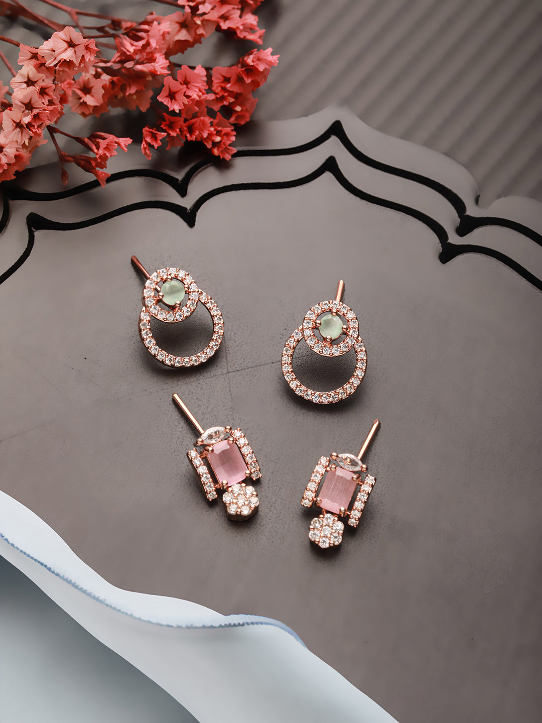 Jazz And Sizzle Set of 2 Rose Gold-Plated Pink AD & Mint Green Stone Studded Earrings
