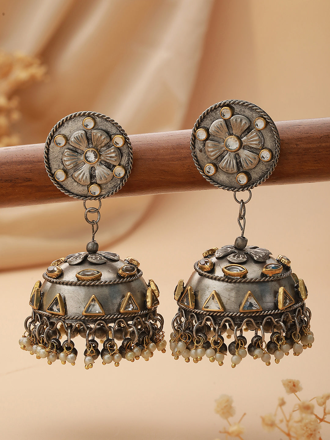 Silver-Plated Kundan-Studded Dome Shaped Jhumkas Earrings