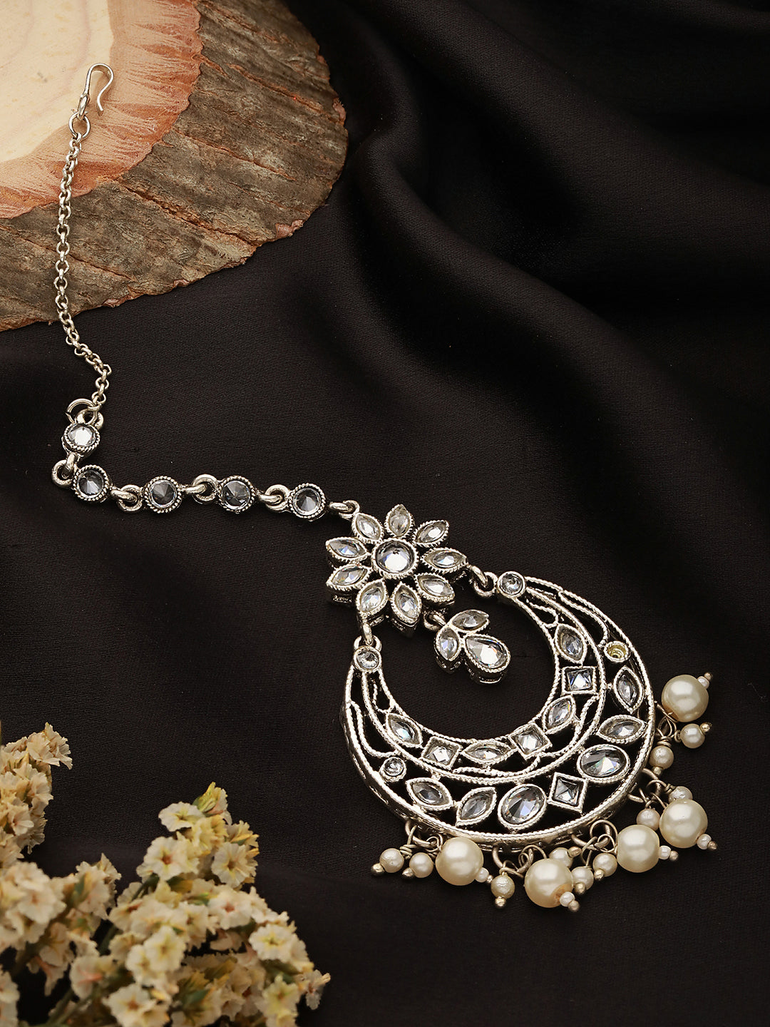 Silver-Plated White Ad-Studded Maang Tikka