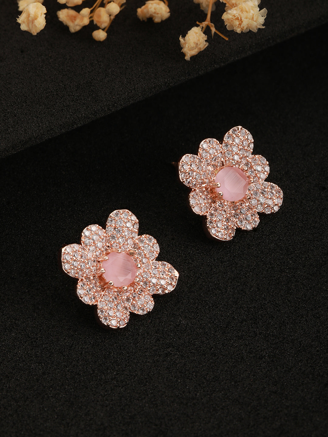 Rose Gold Plated & Pink Ad-Studded Floral Studs Earrings