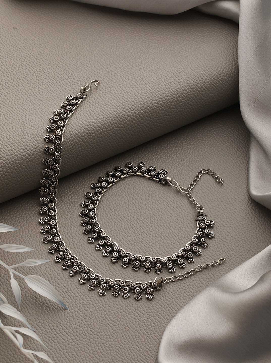 Set Of 2 Silver-Plated & Oxidised Handcrafted Anklets