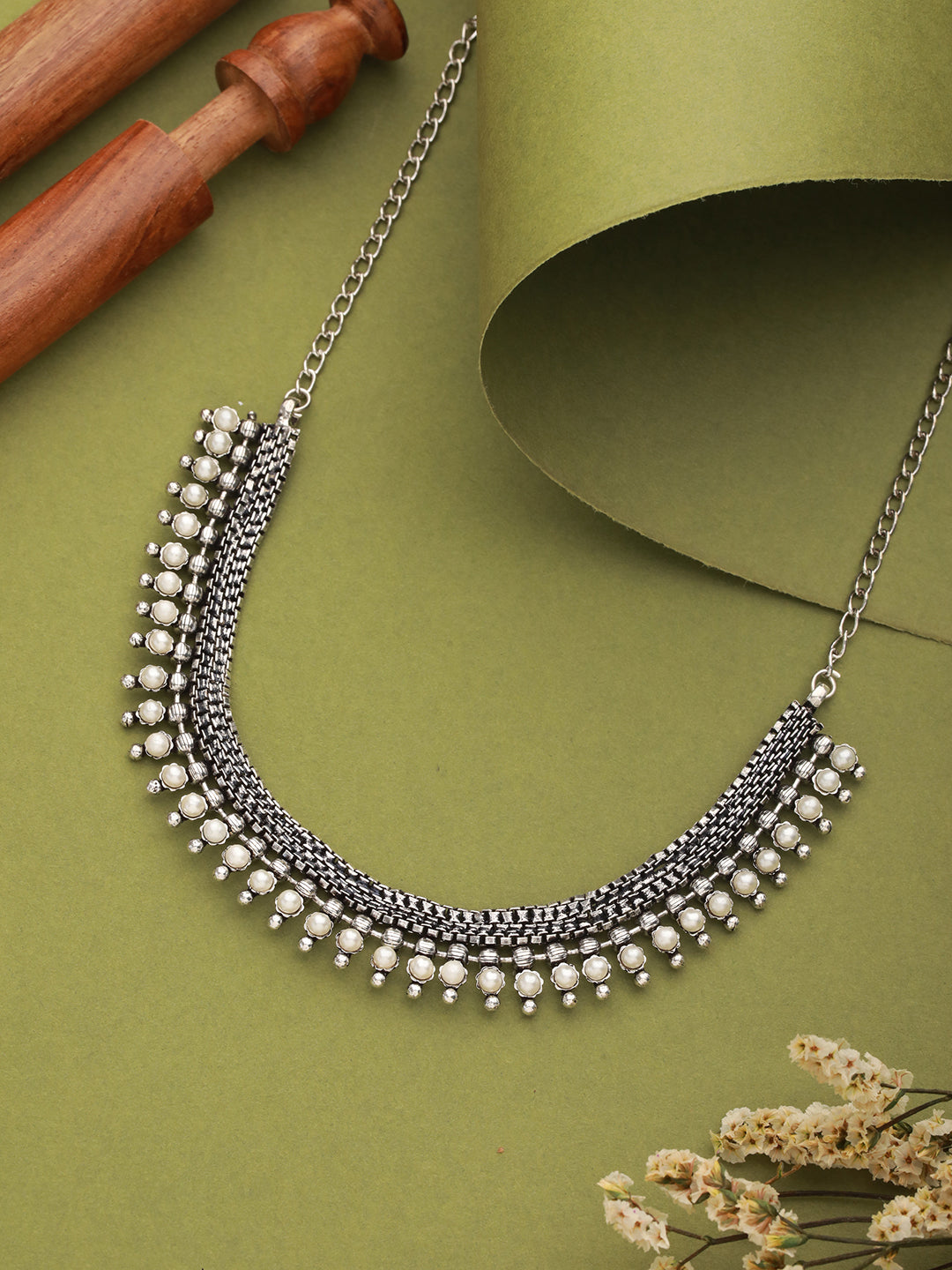 Silver Plated Pearl Beaded Floral Oxidised Necklace