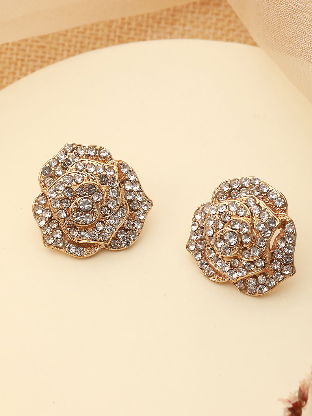 Gold Plated & Cz Studded Floral Shaped Stud Earrings