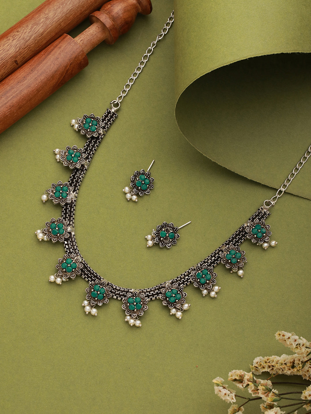Silver Plated Green Stone Studded & Pearl Beaded Oxidised Jewellery Set