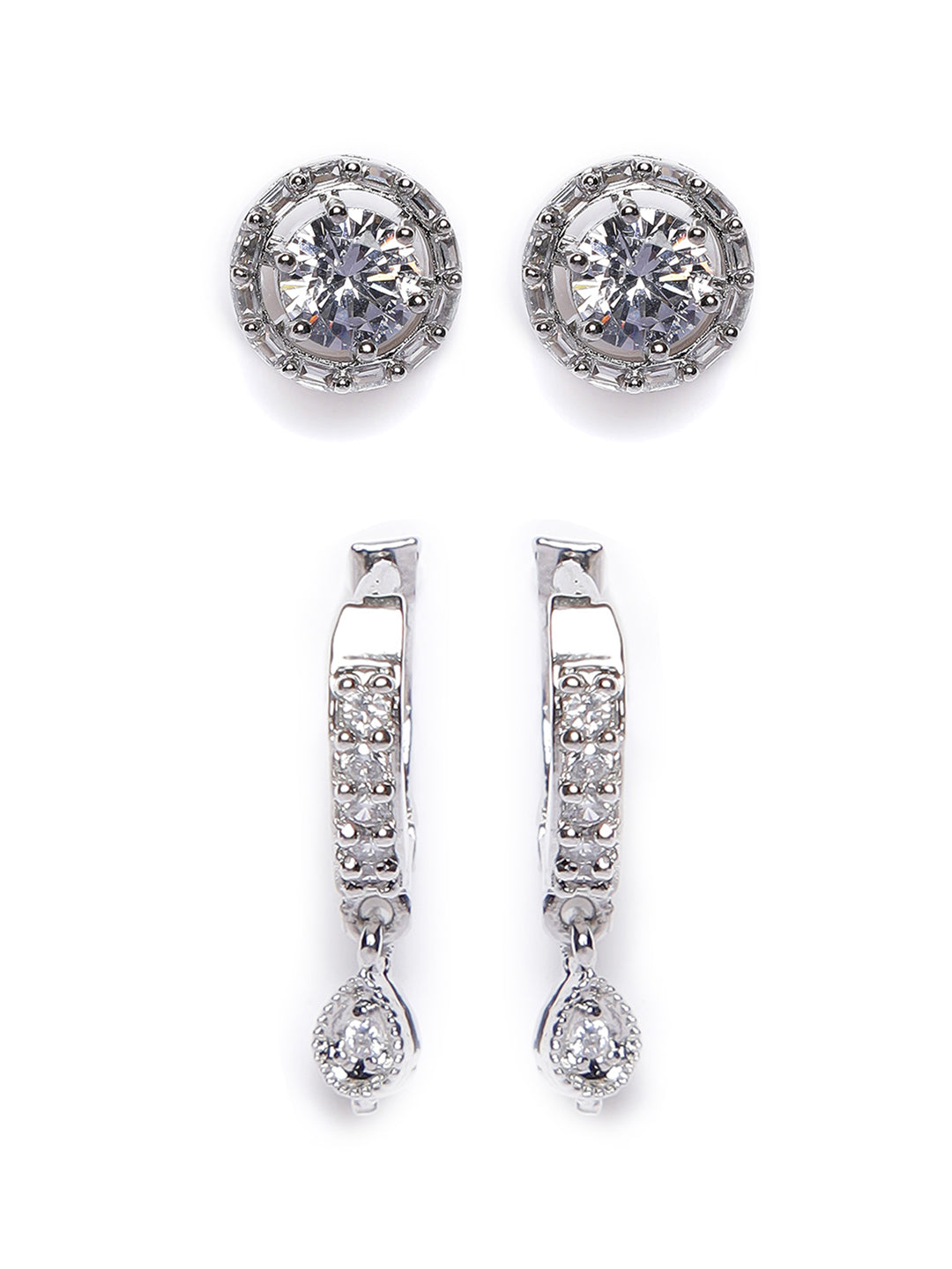 Silver-Plated Drop & White Studs Earrings