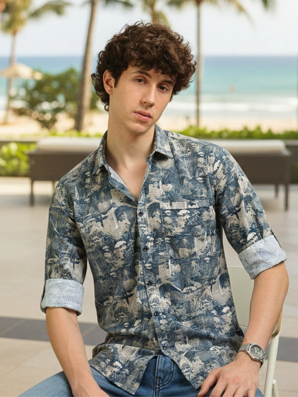 Men Blue Slim Fit Printed Full Sleeve Casual Shirt Cool Colors