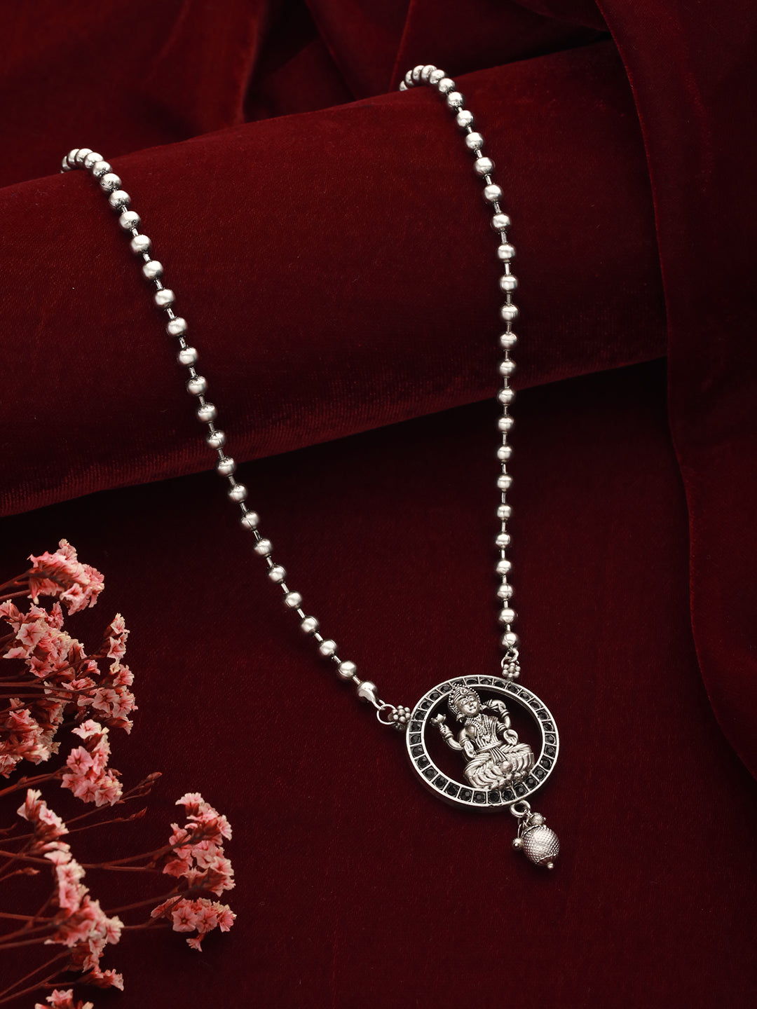 Silver-Plated Oxidised Laxmi Pendent Necklace