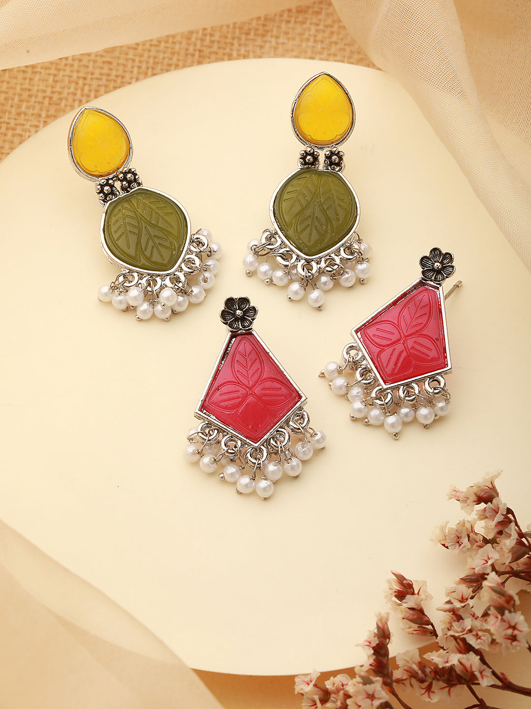Set Of 2 Gold-Plated Yellow & Green Geometric Drop Earrings