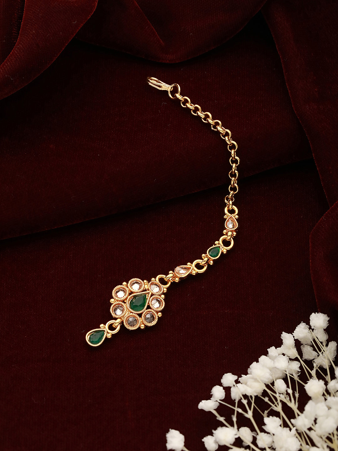 Gold-Plated Green & White Faux Kundan-Studded Handcrafted Maang Tika