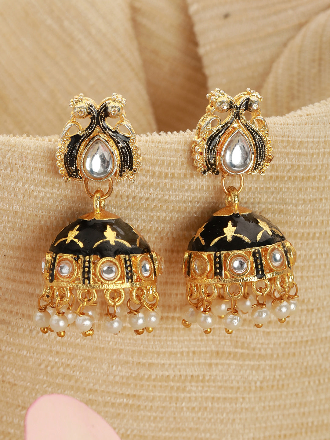 Gold Plated Stone Studded Black Meenakari Jhumka Earrings