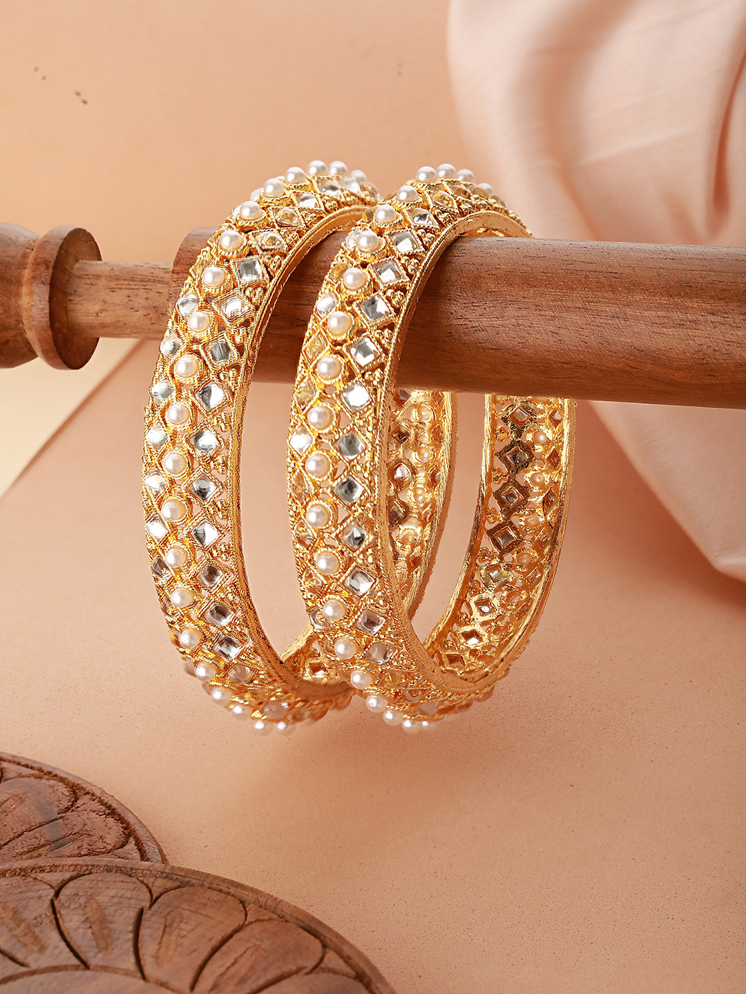 Jazz And Sizzle Set Of 2 Gold-Plated Red Pearl Beaded Handcrafted Bangles