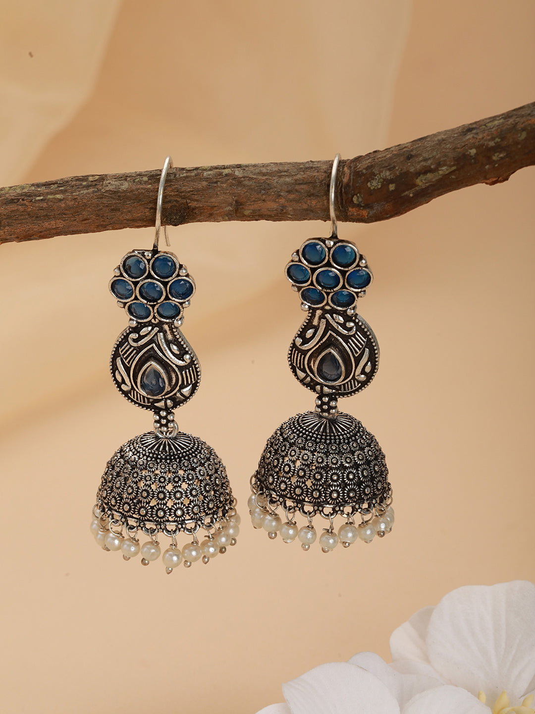 Oxidized Silver-Plated Blue Stone Studded Dome Shaped Jhumkas