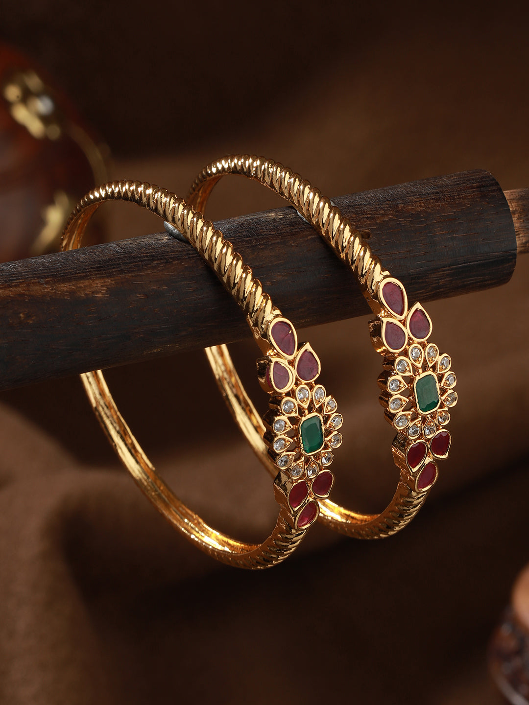 Set Of 2 24Ct Gold-Plated Stone-Studded Bangles