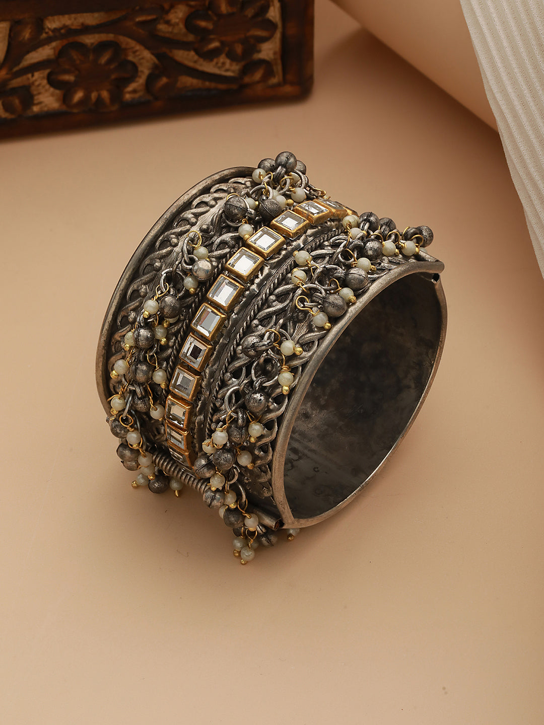 Silver-Plated Oxidised Kundan Studded & Pearl Beaded Bangle-Style Bracelet
