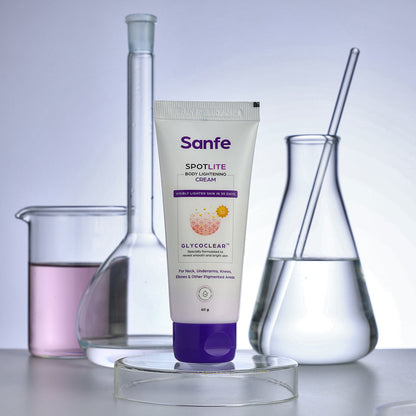 Sanfe Spotlite Body Cream For Dark Neck, Joints and Skinfolds Enriched with 3% Lactic Acid, Retinol & SPF 15 For Dark Patches, Detanning, Anti Aging and Skin Tightening Helps in Exfoliation, Lightening & 24 Hr Long Moisture - 60gm | For Indian Skin
