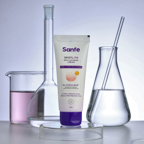 Sanfe Spotlite Body Cream For Dark Neck, Joints and Skinfolds Enriched with 3% Lactic Acid, Retinol & SPF 15 For Dark Patches, Detanning, Anti Aging and Skin Tightening Helps in Exfoliation, Lightening & 24 Hr Long Moisture - 60gm | For Indian Skin