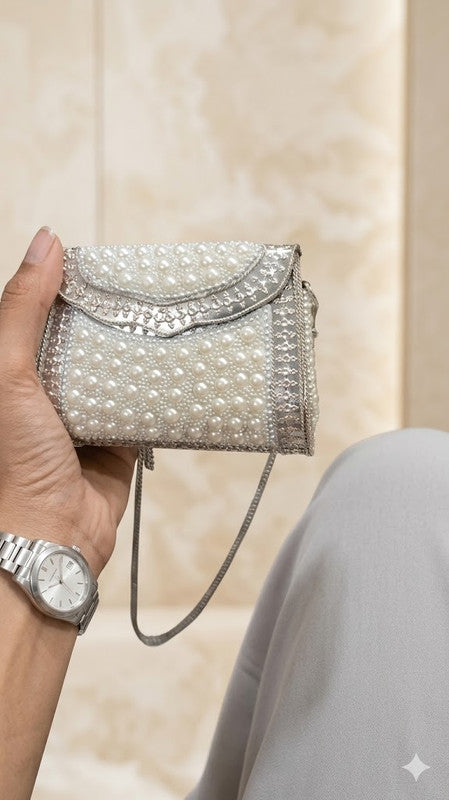 Buddy Cares Metal Bag for Women, Silver Pearl Embellished Clutch Purse with Chain Strap – Rectangular – view 4 – Buddy Cares