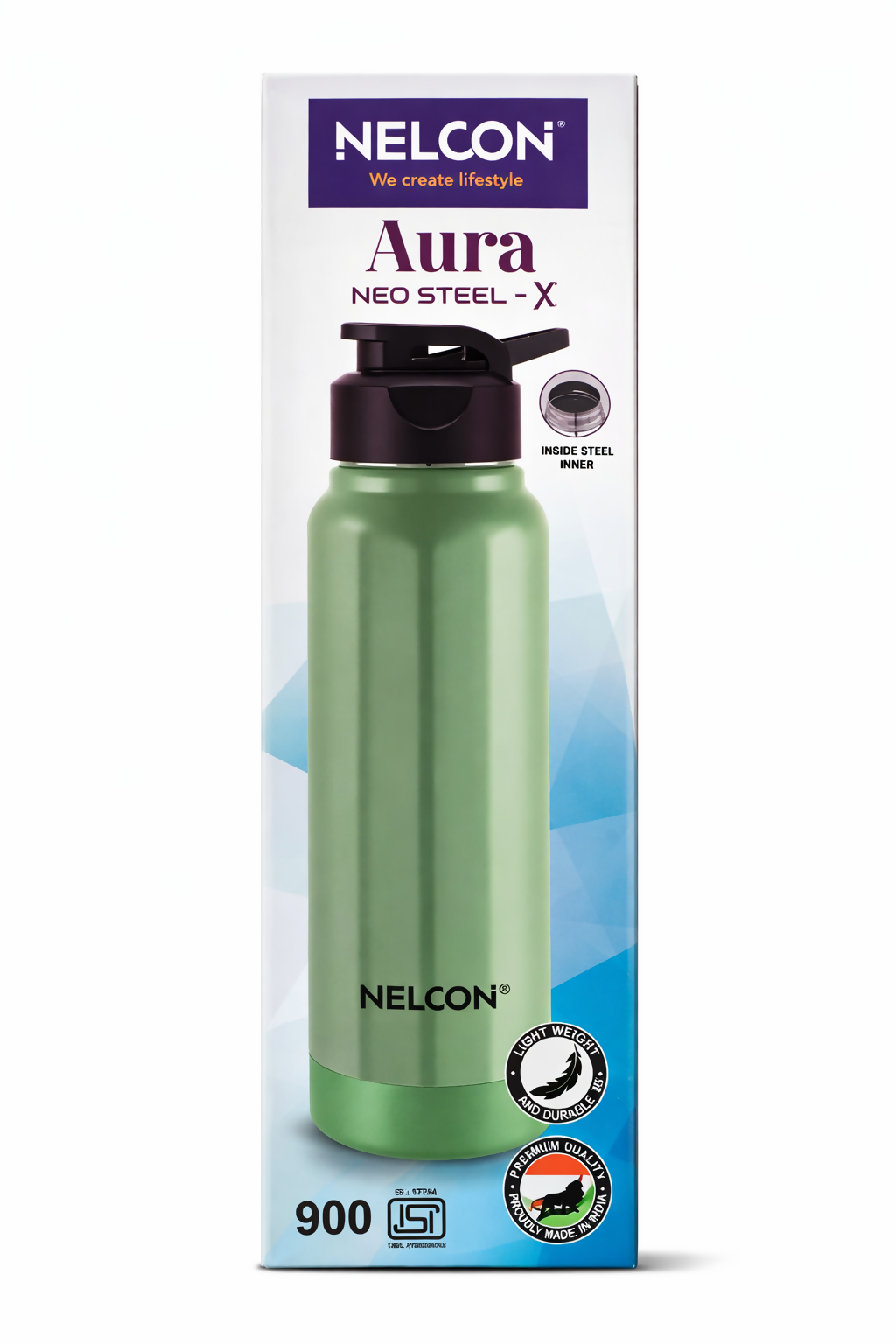 Nelcon Aura Neo Steel-X Water Bottle 900ml – Lightweight Stainless Steel Inner Bottle HalfPe - FW -TPT