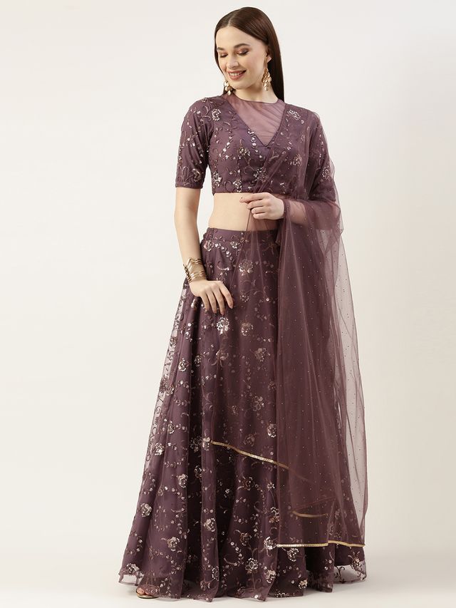 Bollywood Vogue Ready To Wear Purple Net Embroidered Lehenga Set