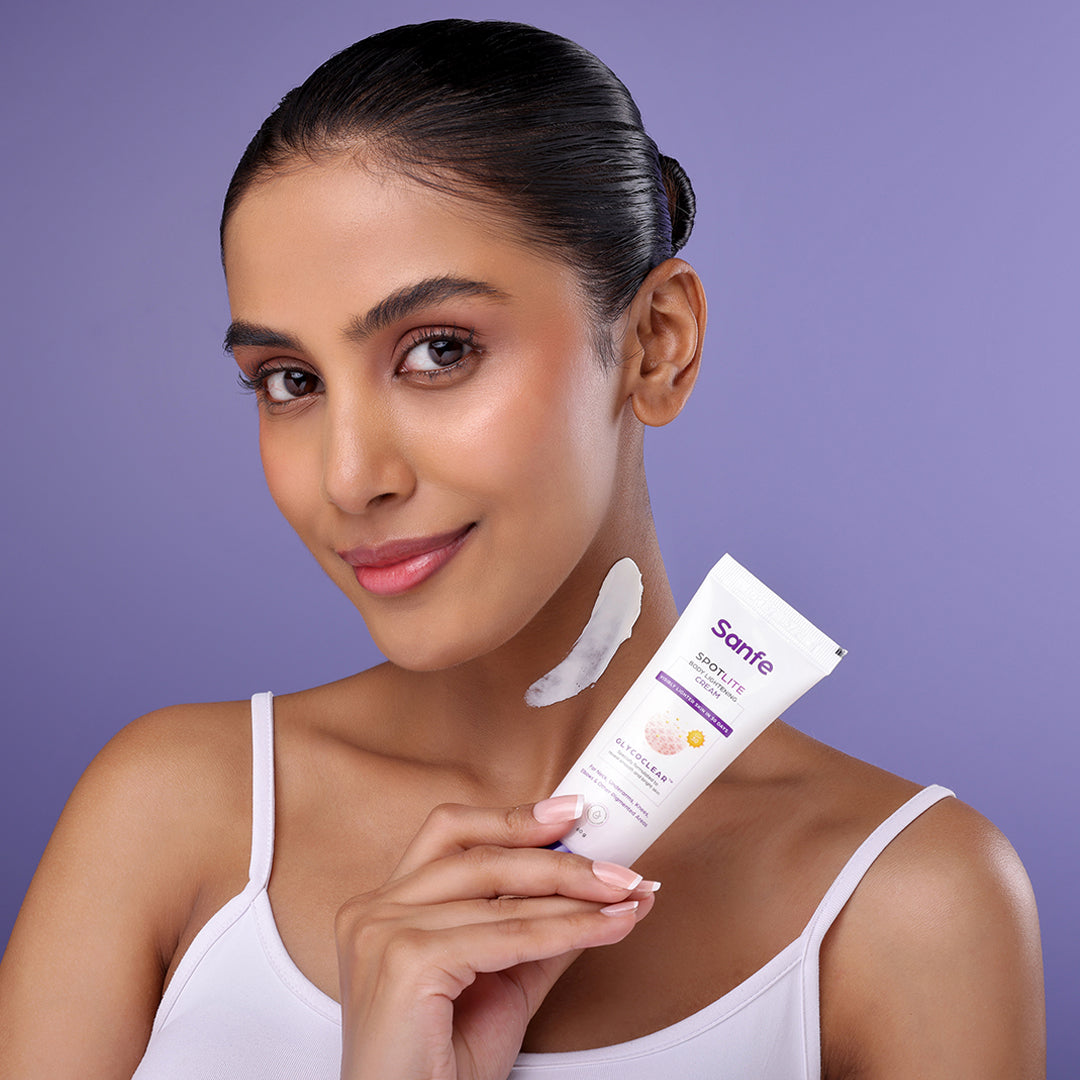 Sanfe Spotlite Body Cream For Dark Neck, Joints and Skinfolds Enriched with 3% Lactic Acid, Retinol & SPF 15 For Dark Patches, Detanning, Anti Aging and Skin Tightening Helps in Exfoliation, Lightening & 24 Hr Long Moisture - 60gm | For Indian Skin