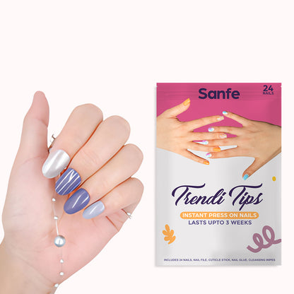 Sanfe Instant Press On Nails - Purple Chrome | 24 Reusable Artificial Fake Nail Set/Extensions | Quick, Lightweight, Salon Look, Lasts upto 3 weeks | For Festivals & Special Occasions
